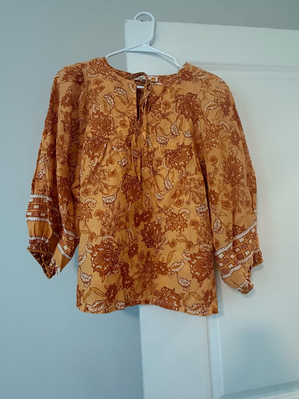 C&C California Mustard Floral Tie-Neck Boho Blouse